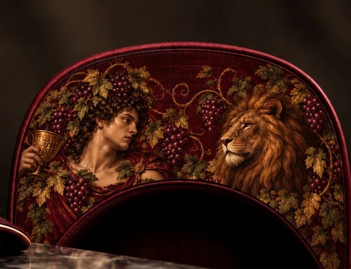 Underbrim with a classical figure, grapes, leaves and a lion — development render